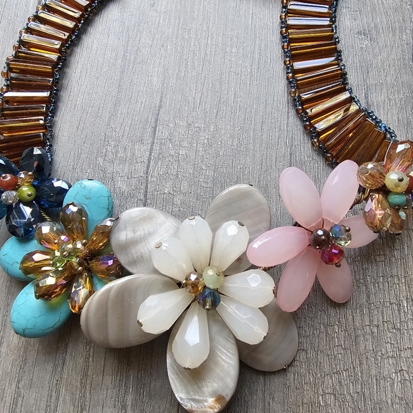 Choker Natural Shell Acrylic And Crystal Flower Necklace Beach Style - Picture 4 of 7